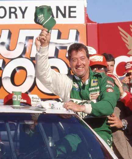 DARLINGTON, SC - APRIL 2: Driver Harry Gant celebrates in Victory Lane after winning the TranSouth 500 race on April 2, 1989 at the Darlington Raceway in Darlington, South Carolina. (Photo by Dozier Mobley/Getty Images)