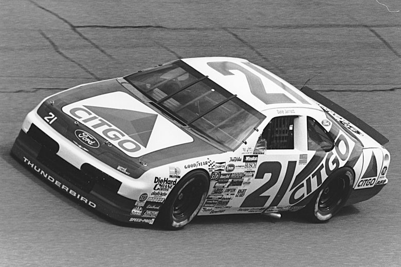 1991: Driving the Wood Brothers Citgo Ford, Dale Jarrett scored his first NASCAR Cup win at Michigan International Speedway in the Champion Spark Plug 400. (Photo by ISC Images & Archives via Getty Images)