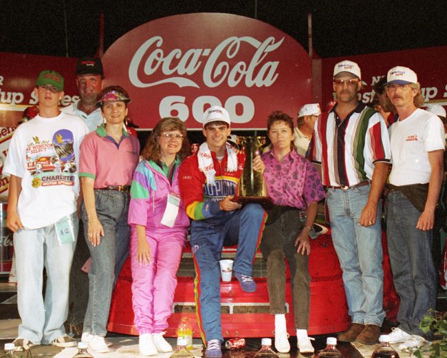 CHARLOTTE, NC - MAY 29:  Jeff Gordon in victory lane following the Coca-Cola 600 on May 29, 1994 in Charlotte, North Carolina. The 22-year-old's first NASCAR Cup Series win.  (Photo by ISC Archives/CQ-Roll Call Group via Getty Images)