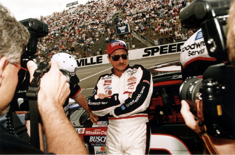 386038 02: Race car driver Dale Earnhardt poses for photographers at Martinsville Speedway April 18, 1999 in Martinsville Virginia. (Photo by Evan Kafka/Liaison)