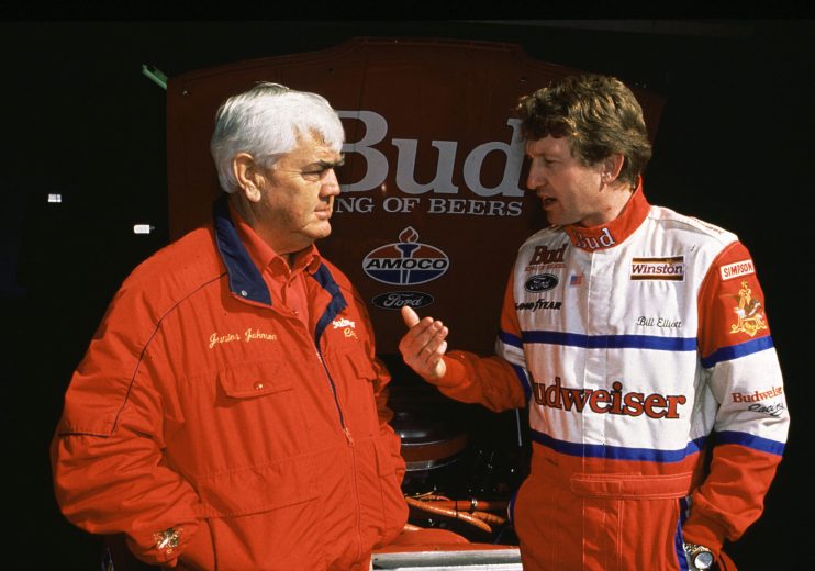 1992:  Bill Elliott gets his point across to car owner Junior Johnson. The pair combined to win five NASCAR Cup races (four of them consecutively) during the season and finished second in Cup points. (Photo by ISC Images & Archives via Getty Images)