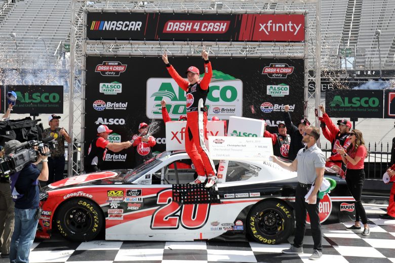 BRISTOL, TN - APRIL 06: Christopher Bell, driver of the #20 Rheem Toyota, celebrates in Victory Lane after winning the NASCAR Xfinity Series Alsco 300 at Bristol Motor Speedway on April 6, 2019 in Bristol, Tennessee. (Photo by Donald Page/Getty Images) | Getty Images