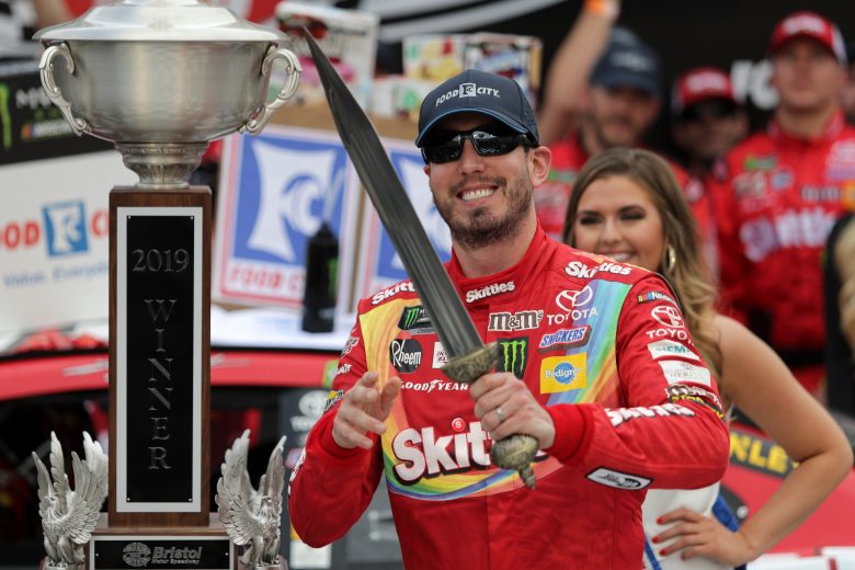 BRISTOL, TN - APRIL 07:  Kyle Busch, driver of the #18 Skittles Toyota, celebrates in Victory Lane after winning the Monster Energy NASCAR Cup Series Food City 500 at Bristol Motor Speedway on April 7, 2019 in Bristol, Tennessee.  (Photo by Donald Page/Getty Images) | Getty Images