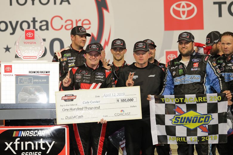 RICHMOND, VA - APRIL 12: Cole Custer, driver of the #00 Haas Automation Ford, poses with the trophy after winning the NASCAR Xfinity Series ToyotaCare 250 at Richmond Raceway on April 12, 2019 in Richmond, Virginia. (Photo by Donald Page/Getty Images) | Getty Images