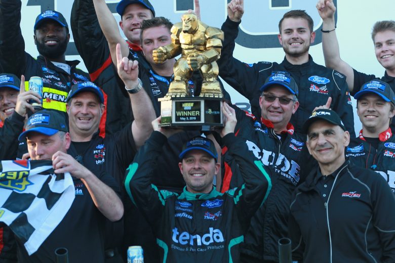 DOVER, DE - MAY 03: Johnny Sauter, driver of the #13 Tenda Heal Ford, celebrates in Victory Lane after winning the NASCAR Gander Outdoors Truck Series JEGS 200 at Dover International Speedway on May 3, 2019 in Dover, Delaware. (Photo by Matt Sullivan/Getty Images) | Getty Images