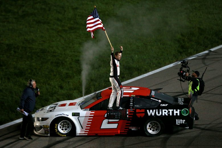 KANSAS CITY, KS - MAY 11:  Brad Keselowski, driver of the #2 Wurth Ford, celebrates after winning the Monster Energy NASCAR Cup Series Digital Ally 400 at Kansas Speedway on May 11, 2019 in Kansas City, Kansas.  (Photo by Sean Gardner/Getty Images) | Getty Images