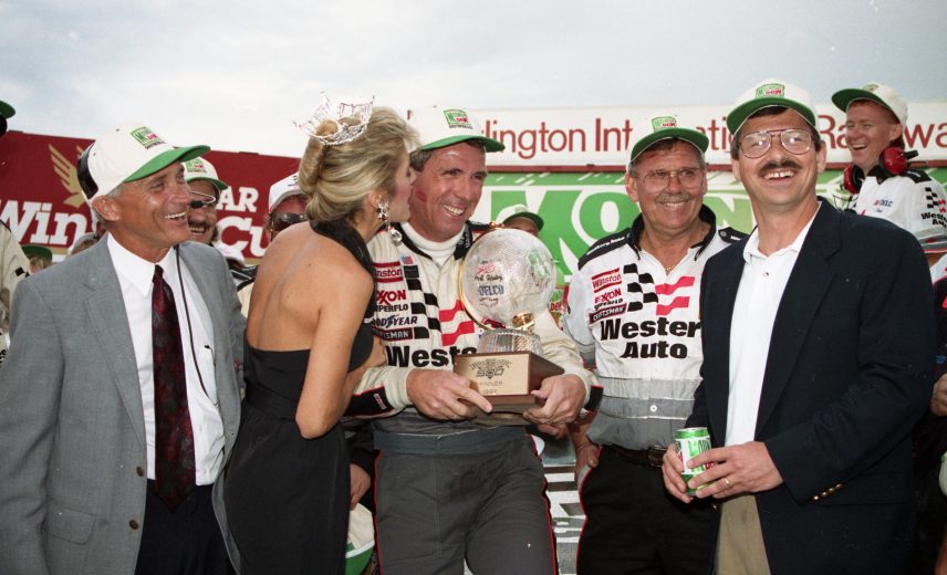 DARLINGTON, SC – SEPTEMBER 6, 1992: Darrell Waltrip celebrate their win in the Mountain Dew Southern 500 NASCAR Cup race at Darlington Raceway. It marked Waltrip’s 84th and final NASCAR race victory. (Photo by ISC Images & Archives via Getty Images)