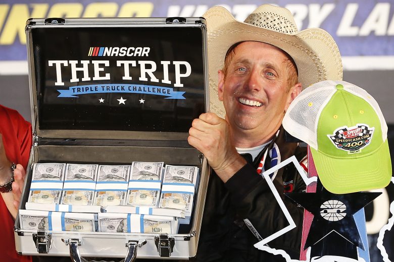FORT WORTH, TEXAS - JUNE 07: Greg Biffle, driver of the #51 Toyota Toyota, celebrates in victory lane after winning the NASCAR Gander Outdoors Truck Series SpeedyCash.com 400 at Texas Motor Speedway on June 07, 2019 in Fort Worth, Texas. (Photo by Brian Lawdermilk/Getty Images) | Getty Images