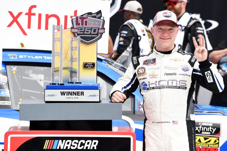 BROOKLYN, MICHIGAN - JUNE 08: Tyler Reddick, driver of the #2 KC Motorgroup Chevrolet, poses with the trophy after winning the NASCAR Xfinity Series LTi Printing 250 at Michigan International Speedway on June 08, 2019 in Brooklyn, Michigan. (Photo by Logan Riely/Getty Images) | Getty Images