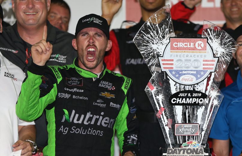DAYTONA BEACH, FLORIDA - JULY 05: Ross Chastain, driver of the #16 Ellsworth Advisors Chevrolet, celebrates with the trophy in Victory Lane after the NASCAR Xfinity Series Circle K Firecracker 250 Powered by Coca-Cola at Daytona International Speedway on July 05, 2019 in Daytona Beach, Florida. (Photo by Matt Sullivan/Getty Images) | Getty Images