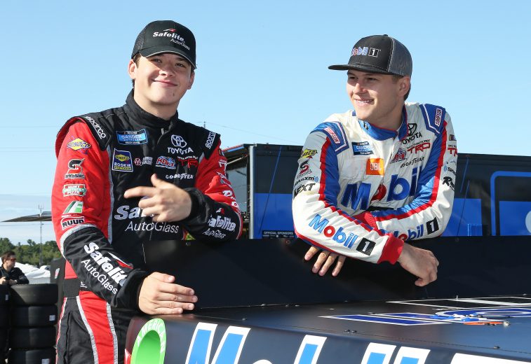 BOWMANVILLE,ON - AUGUST 24:  Harrison Burton #18 chats prior to practice with Todd Gilliland #4 in the Chevrolet Silverado 250 Gander Nascar Outdoor Truck Series event at Canadian Tire Motorsport Park on August 24, 2019 in Bowmanville, Ontario, Canada. (Photo by Claus Andersen/Getty Images) | Getty Images