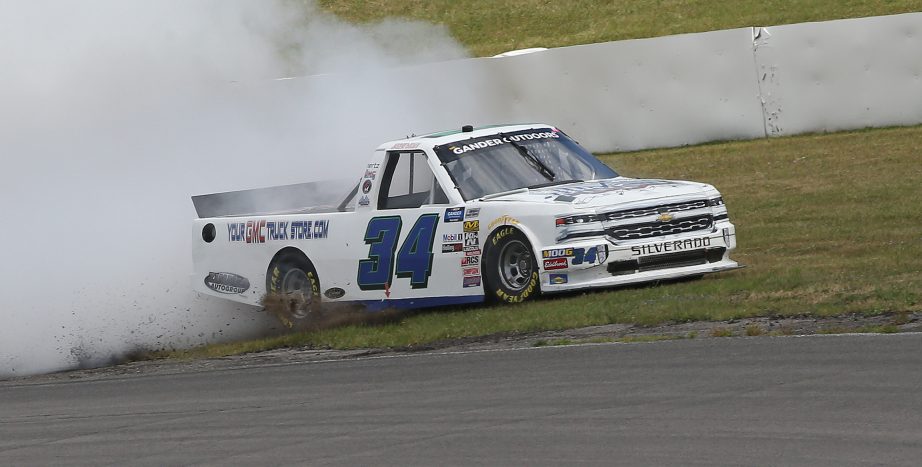BOWMANVILLE,ON - AUGUST 24:  jason White #34 driving the Corcoran Excavating Hughson Barriers Toyota loses control in practice during the Chevrolet Silverado 250 Gander Nascar Outdoor Truck Series event at Canadian Tire Motorsport Park on August 24, 2019 in Bowmanville, Ontario, Canada. (Photo by Claus Andersen/Getty Images) | Getty Images
