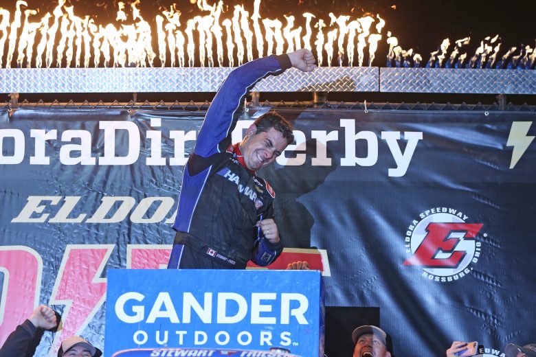 ROSSBURG, OHIO - AUGUST 01: Stewart Friesen, driver of the #52 Halmar International Chevrolet, celebrates in Victory Lane after winning the NASCAR Gander Outdoor Truck Series Eldora Dirt Derby at Eldora Speedway on August 01, 2019 in Rossburg, Ohio. (Photo by Matt Sullivan/Getty Images) | Getty Images