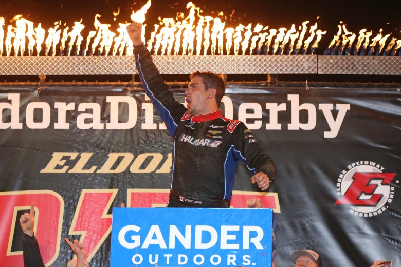 ROSSBURG, OHIO - AUGUST 01: Stewart Friesen, driver of the #52 Halmar International Chevrolet, celebrates in Victory Lane after winning the NASCAR Gander Outdoor Truck Series Eldora Dirt Derby at Eldora Speedway on August 01, 2019 in Rossburg, Ohio. (Photo by Matt Sullivan/Getty Images) | Getty Images