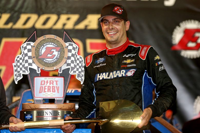 ROSSBURG, OHIO - AUGUST 01: Stewart Friesen, driver of the #52 Halmar International Chevrolet, poses with the trophy after winning the NASCAR Gander Outdoor Truck Series Eldora Dirt Derby at Eldora Speedway on August 01, 2019 in Rossburg, Ohio. (Photo by Matt Sullivan/Getty Images) | Getty Images