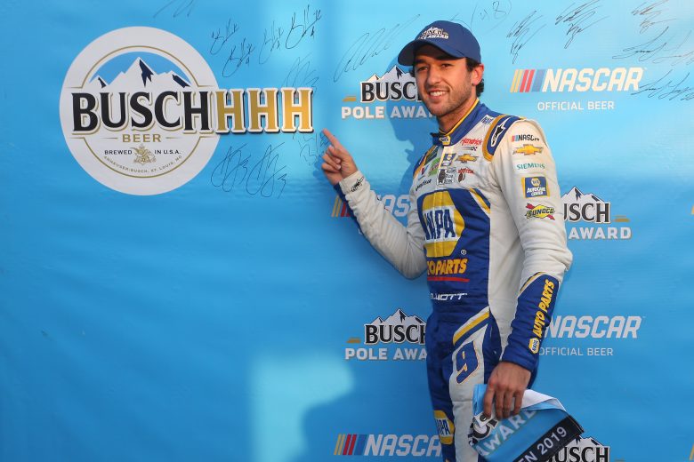 WATKINS GLEN, NEW YORK - AUGUST 03: Chase Elliott, driver of the #9 NAPA AUTO PARTS ChevroletChase Elliott, driver of the #9 NAPA AUTO PARTS Chevrolet,poses with the pole award after qualifying for the Monster Energy NASCAR Cup Series Go Bowling at The Glen at Watkins Glen International on August 03, 2019 in Watkins Glen, New York. (Photo by Brian Lawdermilk/Getty Images) | Getty Images