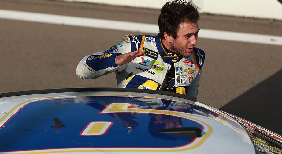 Chase Elliott celebrates winning at Watkins Glen.