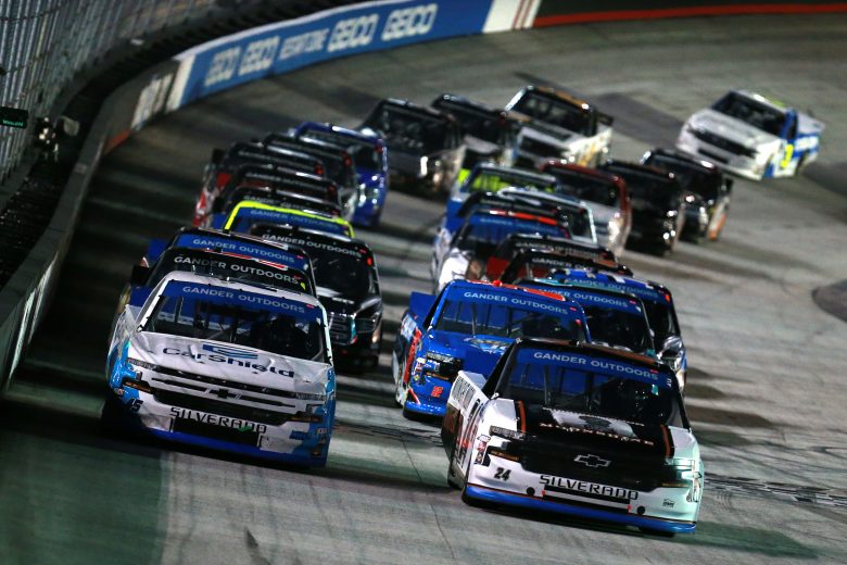 BRISTOL, TENNESSEE - AUGUST 15: Brett Moffitt, driver of the #24 Midnight Moon Moonshine Chevrolet, and Ross Chastain, driver of the #45 CarShield Chevrolet, lead the field during the NASCAR Gander Outdoor Truck Series UNOH 200 presented by Ohio Logistics at Bristol Motor Speedway on August 15, 2019 in Bristol, Tennessee. (Photo by Sean Gardner/Getty Images) | Getty Images