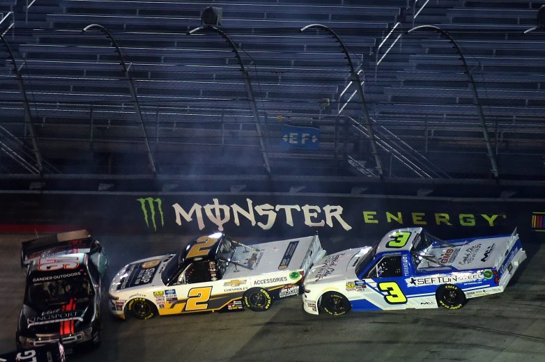 BRISTOL, TENNESSEE - AUGUST 15: Jesse Little, driver of the #97 Visit Kingsport Ford, Sheldon Creed, driver of the #2 Chevrolet Accessories Chevrolet, and Jordan Anderson, driver of the #3 Capital City Towing/Sefton Steel Chevrolet, are involved in an on-track incident during the NASCAR Gander Outdoor Truck Series UNOH 200 presented by Ohio Logistics at Bristol Motor Speedway on August 15, 2019 in Bristol, Tennessee. (Photo by Jared C. Tilton/Getty Images) | Getty Images