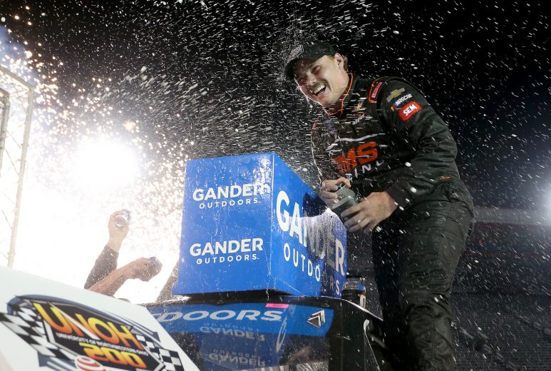 BRISTOL, TENNESSEE - AUGUST 15: Brett Moffitt, driver of the #24 Midnight Moon Moonshine Chevrolet, celebrates in victory lane after winning the NASCAR Gander Outdoor Truck Series UNOH 200 presented by Ohio Logistics at Bristol Motor Speedway on August 15, 2019 in Bristol, Tennessee. (Photo by Brian Lawdermilk/Getty Images) | Getty Images