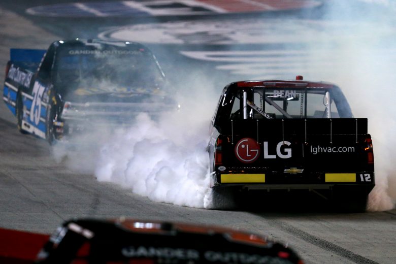 BRISTOL, TENNESSEE - AUGUST 15: Gus Dean, driver of the #12 LG Air Conditioning Technologies Chevrolet, is involved in an on track incident during the NASCAR Gander Outdoor Truck Series UNOH 200 presented by Ohio Logistics at Bristol Motor Speedway on August 15, 2019 in Bristol, Tennessee. (Photo by Sean Gardner/Getty Images) | Getty Images