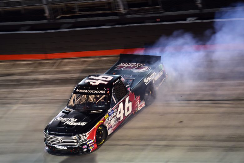 BRISTOL, TENNESSEE - AUGUST 15: Raphael Lessard, driver of the #46 Spectra Premium Toyota, is involved in an on-track incident during the NASCAR Gander Outdoor Truck Series UNOH 200 presented by Ohio Logistics at Bristol Motor Speedway on August 15, 2019 in Bristol, Tennessee. (Photo by Jared C. Tilton/Getty Images) | Getty Images