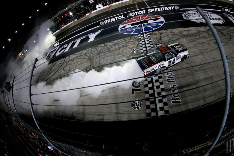 BRISTOL, TENNESSEE - AUGUST 15: Brett Moffitt, driver of the #24 Midnight Moon Moonshine Chevrolet, does a burnout after winning the NASCAR Gander Outdoor Truck Series UNOH 200 presented by Ohio Logistics at Bristol Motor Speedway on August 15, 2019 in Bristol, Tennessee. (Photo by Sean Gardner/Getty Images) | Getty Images