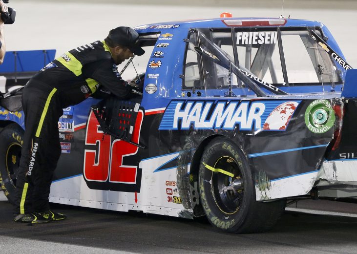 BRISTOL, TENNESSEE - AUGUST 15: Matt Crafton, driver of the #88 Great Lakes Wood Floors/Menards Ford, talks with Stewart Friesen, driver of the #52 Halmar International Chevrolet, after the NASCAR Gander Outdoor Truck Series UNOH 200 presented by Ohio Logistics at Bristol Motor Speedway on August 15, 2019 in Bristol, Tennessee. (Photo by Brian Lawdermilk/Getty Images) | Getty Images