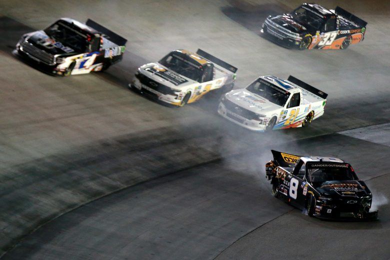 BRISTOL, TENNESSEE - AUGUST 15: John Hunter Nemechek, driver of the #8 Berry's Bullets Chevrolet, is involved in an on-track incident during the NASCAR Gander Outdoor Truck Series UNOH 200 presented by Ohio Logistics at Bristol Motor Speedway on August 15, 2019 in Bristol, Tennessee. (Photo by Sean Gardner/Getty Images) | Getty Images