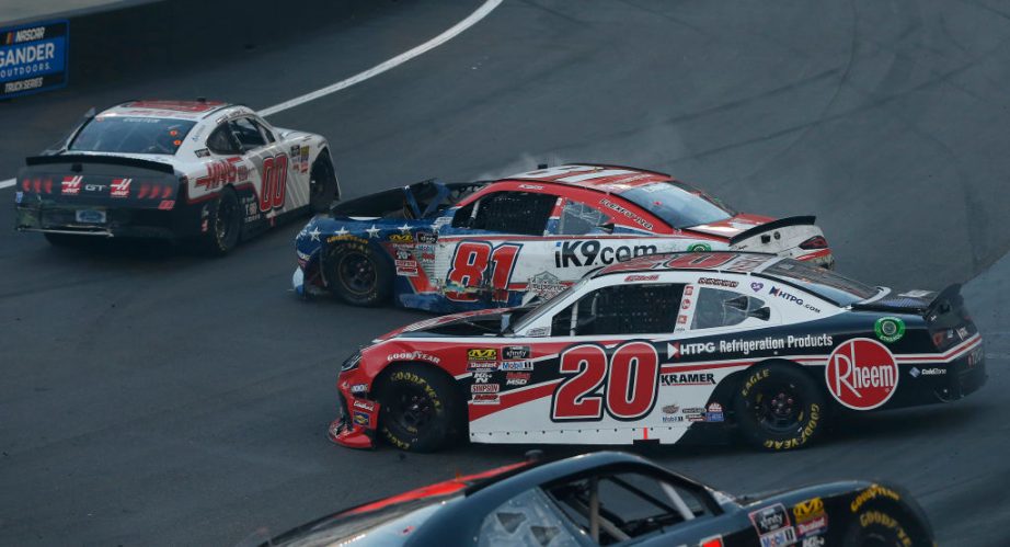 BRISTOL, TENNESSEE - AUGUST 16: Christopher Bell, driver of the #20 Rheem-HtPG Refrigeration Products Toyota, Erik Jones, driver of the #81 iK9 Stars and Stripes Toyota, and Cole Custer, driver of the #00 Haas Automation Ford, are involved in an on-track incident during the NASCAR Xfinity Series Food City 300 at Bristol Motor Speedway on August 16, 2019 in Bristol, Tennessee. (Photo by Brian Lawdermilk/Getty Images) | Getty Images