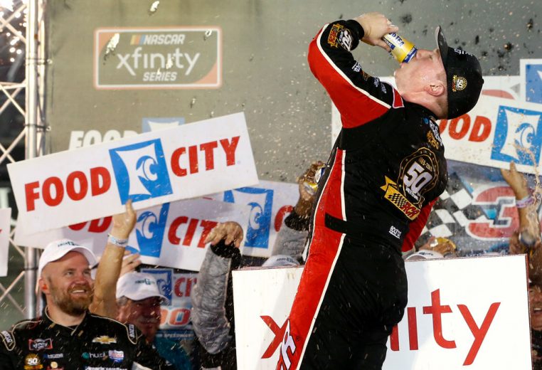 BRISTOL, TENNESSEE - AUGUST 16: Tyler Reddick, driver of the #2 Tame the BEAST Chevrolet, celebrates in Victory Lane after winning the NASCAR Xfinity Series Food City 300 at Bristol Motor Speedway on August 16, 2019 in Bristol, Tennessee. (Photo by Brian Lawdermilk/Getty Images) | Getty Images
