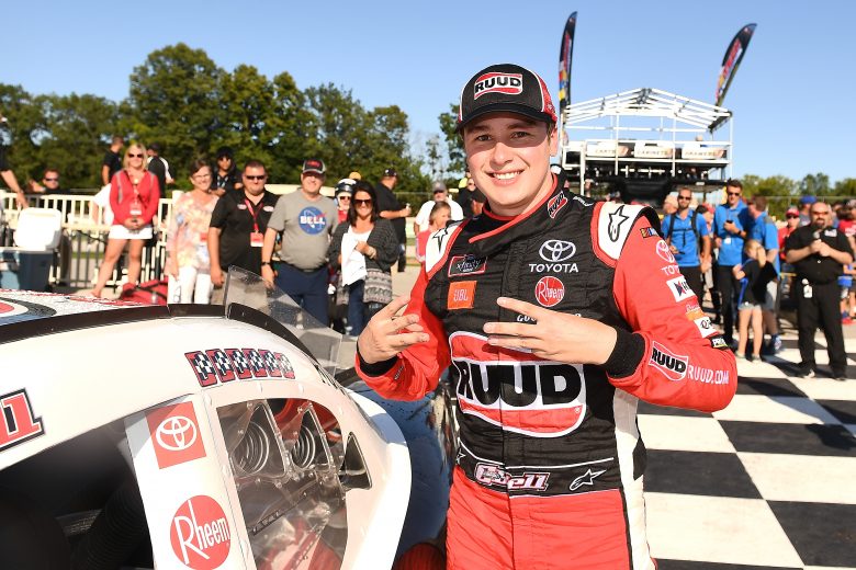 ELKHART LAKE, WISCONSIN - AUGUST 24: Christopher Bell, driver of the #20 Rudd Toyota, applies the winner's sticker after winning the NASCAR Xfinity Series CTECH Manufacturing 180 at Road America on August 24, 2019 in Elkhart Lake, Wisconsin. (Photo by Stacy Revere/Getty Images) | Getty Images