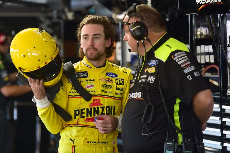 DARLINGTON, SOUTH CAROLINA - AUGUST 30: Ryan Blaney, driver of the #12 Menards/Pennzoil Ford, speaks with crew chief Jeremy Bullins in the garage area during practice for the Monster Energy NASCAR Cup Series Bojangles' Southern 500 at Darlington Raceway on August 30, 2019 in Darlington, South Carolina. (Photo by Jared C. Tilton/Getty Images) | Getty Images