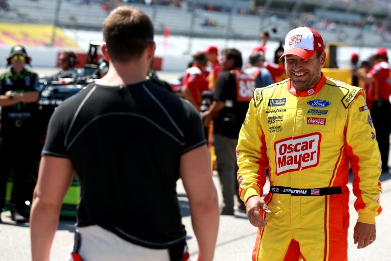 DARLINGTON, SOUTH CAROLINA - AUGUST 31: Ryan Newman, driver of the #6 Oscar Mayer/Velveeta Ford, and Matt DiBenedetto, driver of the #95 IMSA GTO Throwback Toyota, stand on pit road during qualifying for the Monster Energy NASCAR Cup Series Bojangles' Southern 500 at Darlington Raceway on August 31, 2019 in Darlington, South Carolina. (Photo by Sean Gardner/Getty Images) | Getty Images