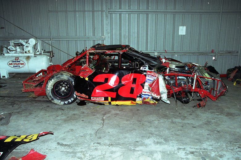 LONG POND, PA — July 19, 1992:  Davey Allison’s Ford sits inside the garage area at Pocono International Raceway after a huge crash on lap 149 of the Miller Genuine Draft 500 NASCAR Cup race.  Before the wreck, Allison had dominated the event, leading 115 of the first 139 laps.  (Photo by ISC Images & Archives via Getty Images)
