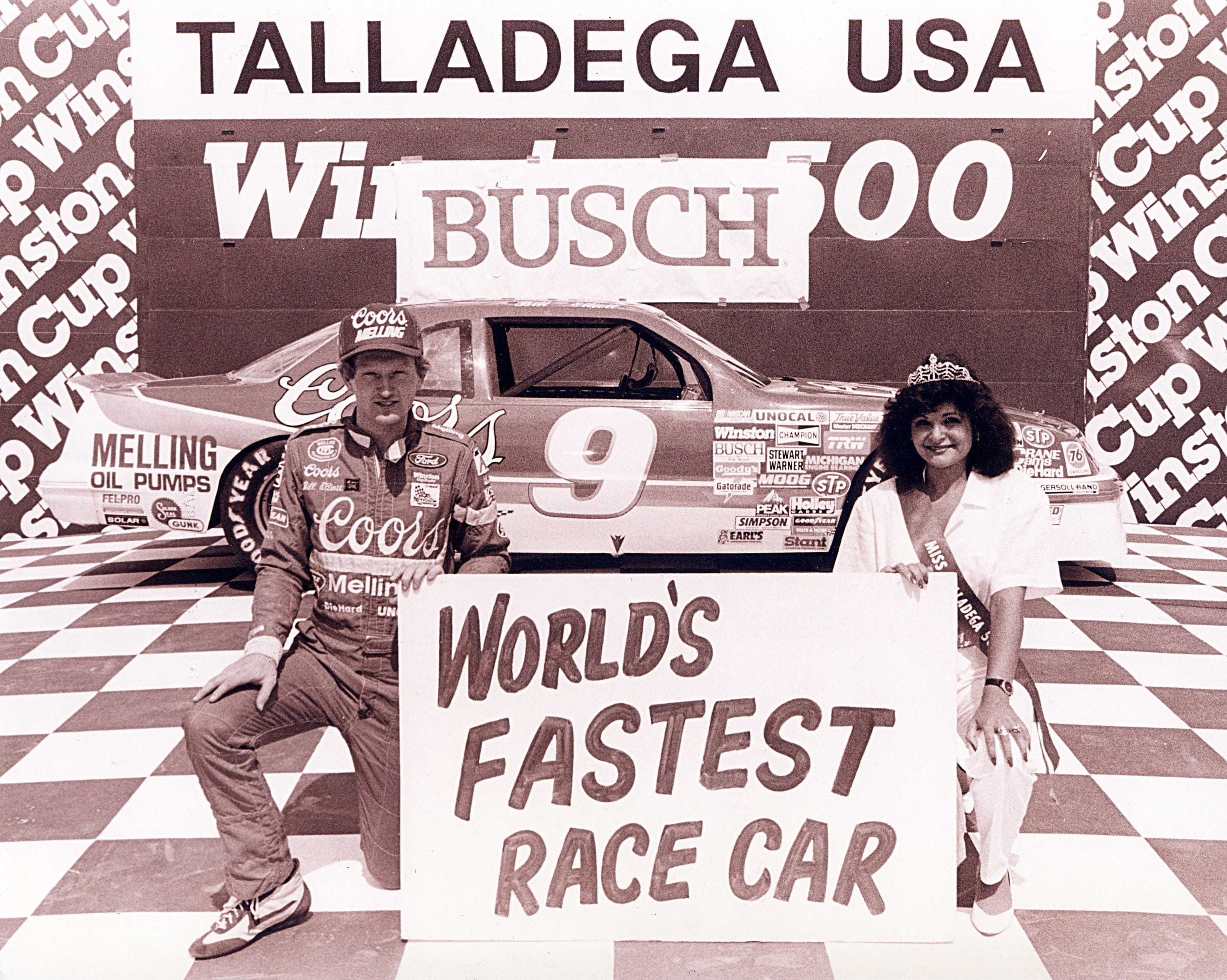 TALLADEGA, AL - APRIL 30:  Bill Elliott set the fastest lap in NASCAR history, running 212.809 mph at Talladega Superspeedway on April 30, 1987 in Talladega, Alabama. At Daytona the following July, cars were equipped with smaller carburetors to limit horsepower. When the 1988 season opened, restrictor plates were back in use for the first time in 17 years.  (Photo by ISC Archives/CQ-Roll Call Group via Getty Images)