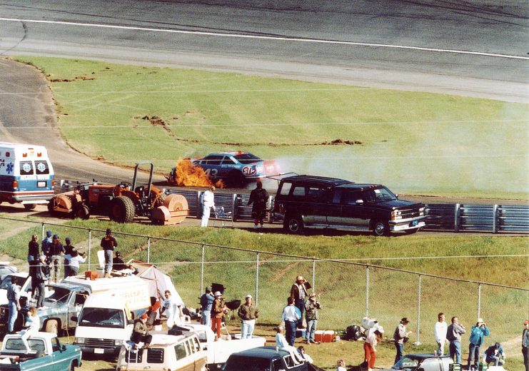 HAMPTON, GA - NOVEMBER 15, 1992:  Richard Petty's driving career ended at Atlanta International Raceway's 1992 Hooters 500 when The King's Pontiac crashed, resulting in this fire. The blaze was extinguished, Petty was unhurt and finished 35th in the final race of his legendary career.  (Photo by ISC Archives via Getty Images)