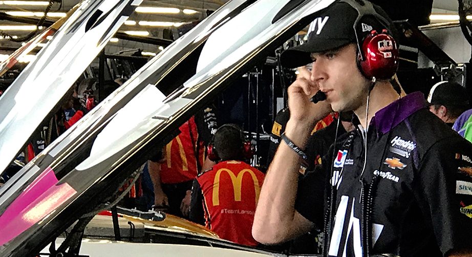 Cliff Daniels, crew chief for Jimmie Johnson, in the garage at Watkins Glen.