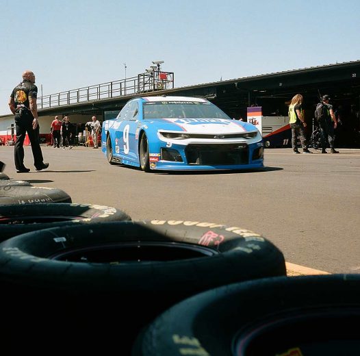Chase Elliott's No. 9 in the garage area at Darlington Raceway