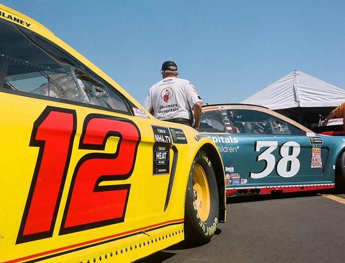 The No. 12 and No. 38 in the Monster Energy Series inspection line at Darlington Raceway