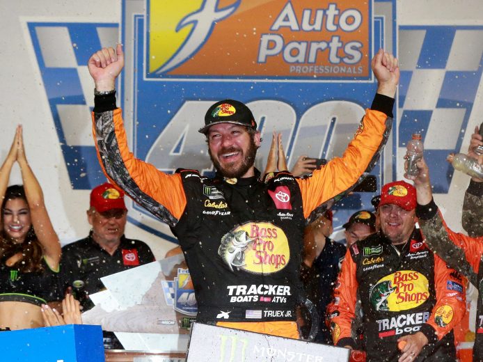 RICHMOND, VIRGINIA - SEPTEMBER 21: Martin Truex Jr., driver of the #19 Bass Pro Shops Toyota, celebrates in Victory Lane after winning the Monster Energy NASCAR Cup Series Federated Auto Parts 400 at Richmond Raceway on September 21, 2019 in Richmond, Virginia. (Photo by Sean Gardner/Getty Images) | Getty Images