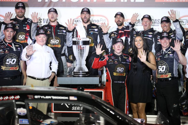 LAS VEGAS, NEVADA - SEPTEMBER 14: Tyler Reddick, driver of the #2 TAME the BEAST Chevrolet, celebrates in victory lane after winning the regular season championship during the NASCAR Xfinity Series Rhino Pro Trucks Outfitters 300 at Las Vegas Motor Speedway on September 14, 2019 in Las Vegas, Nevada. (Photo by Chris Graythen/Getty Images) | Getty Images