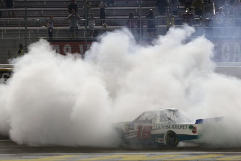 LAS VEGAS, NEVADA - SEPTEMBER 13: Austin Hill, driver of the #16 Gunma Toyopet Toyota, celebrates after winning the NASCAR Gander Outdoor Truck Series World of Westgate Las Vegas 200 at Las Vegas Motor Speedway on September 13, 2019 in Las Vegas, Nevada. (Photo by Matt Sullivan/Getty Images) | Getty Images