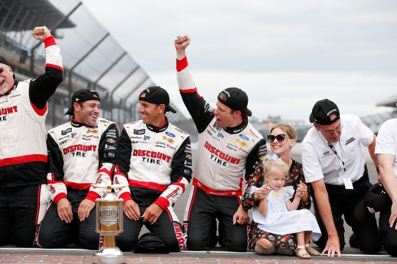 INDIANAPOLIS, IN - SEPTEMBER 10:  Brad Keselowski, driver of the #2 Discount Tire Ford, celebrates after winning the Monster Energy NASCAR Cup Series Big Machine Vodka 400 at the Brickyard at Indianapolis Motor Speedway on September 10, 2018 in Indianapolis, Indiana.  (Photo by Brian Lawdermilk/Getty Images) | Getty Images