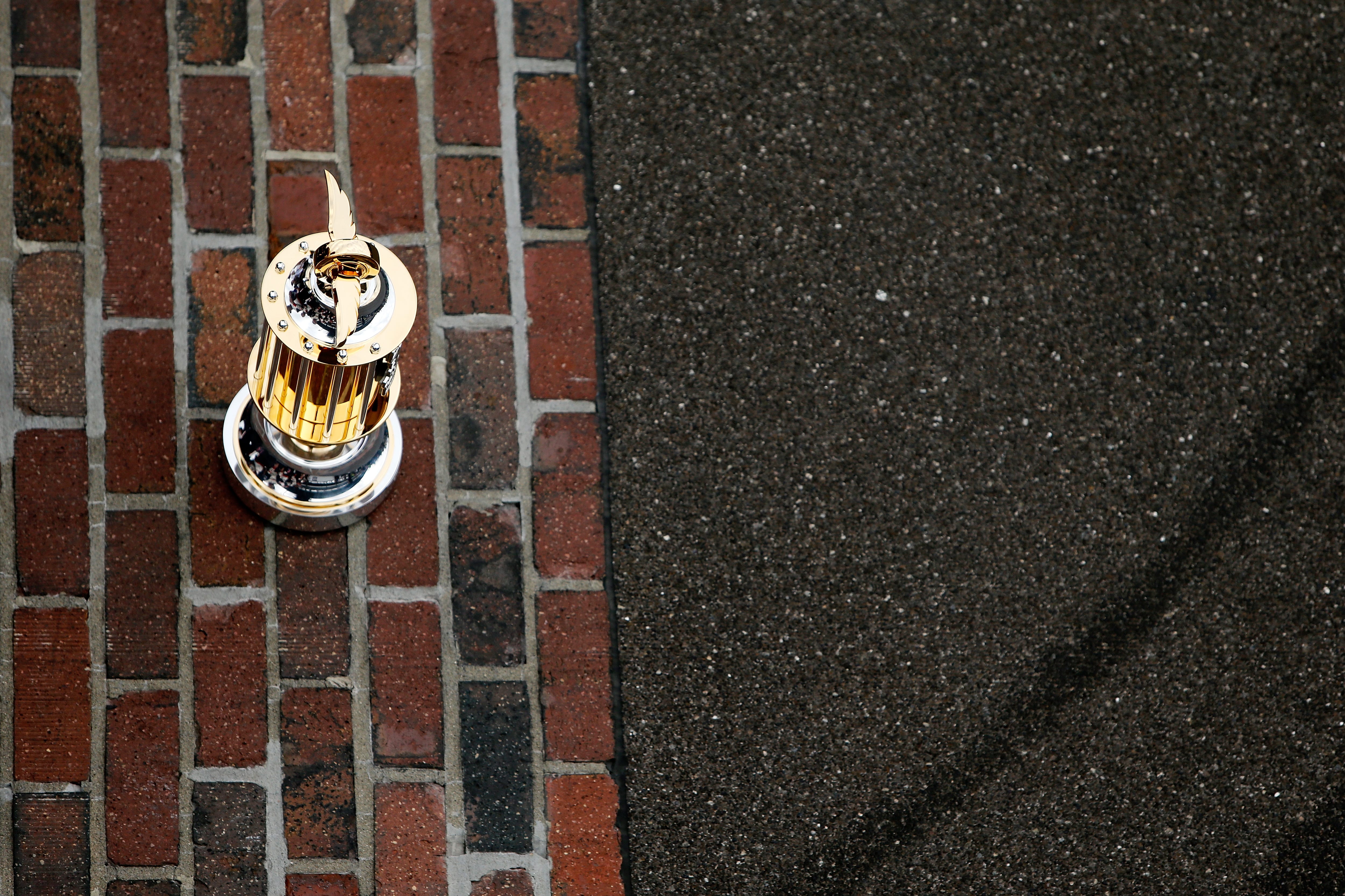 INDIANAPOLIS, IN - SEPTEMBER 10:  A general view of the trophy is seen on the bricks during the Monster Energy NASCAR Cup Series Big Machine Vodka 400 at the Brickyard at Indianapolis Motor Speedway on September 10, 2018 in Indianapolis, Indiana.  (Photo by Michael Reaves/Getty Images) | Getty Images