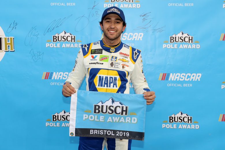 BRISTOL, TN - APRIL 05:  Chase Elliott, driver of the #9 NAPA Auto Parts Chevrolet, poses with the Busch Pole Award after posting the fastest lap during qualifying for the Monster Energy NASCAR Cup Series Food City 500 at Bristol Motor Speedway on April 5, 2019 in Bristol, Tennessee.  (Photo by Chris Graythen/Getty Images) | Getty Images