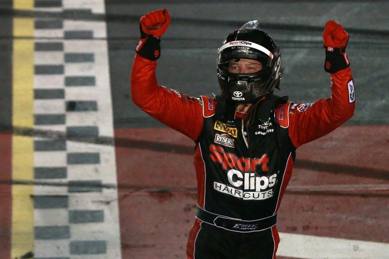 DARLINGTON, SOUTH CAROLINA - SEPTEMBER 02: Erik Jones, driver of the #20 Sport Clips Throwback Toyota, celebrates after winning the Monster Energy NASCAR Cup Series Bojangles' Southern 500 at Darlington Raceway on September 02, 2019 in Darlington, South Carolina. (Photo by Sean Gardner/Getty Images) | Getty Images