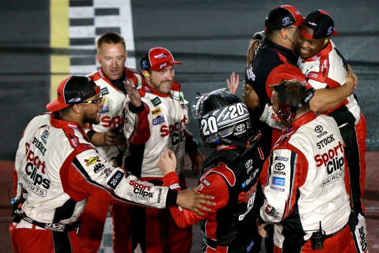 DARLINGTON, SOUTH CAROLINA - SEPTEMBER 02: Erik Jones, driver of the #20 Sport Clips Throwback Toyota, celebrates with his crew after winning the Monster Energy NASCAR Cup Series Bojangles' Southern 500 at Darlington Raceway on September 02, 2019 in Darlington, South Carolina. (Photo by Sean Gardner/Getty Images) | Getty Images
