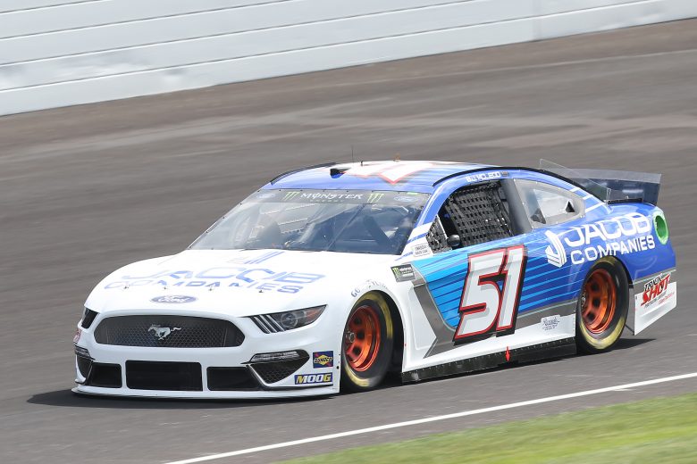 INDIANAPOLIS, INDIANA - SEPTEMBER 07: BJ McLeod, driver of the #51 JACOB COMPANIES Ford, drives during practice for the Monster Energy NASCAR Cup Series Big Machine Vodka 400 at Indianapolis Motor Speedway on September 07, 2019 in Indianapolis, Indiana. (Photo by Matt Sullivan/Getty Images) | Getty Images