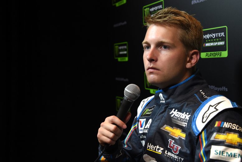 LAS VEGAS, NEVADA - SEPTEMBER 12:  William Byron, driver of the #24 Liberty University Chevrolet, speaks with members of the media during the Monster Energy NASCAR Cup Series Playoffs Media Day at the South Point Hotel & Casino on September 12, 2019 in Las Vegas, Nevada.  (Photo by David Becker/Getty Images) | Getty Images